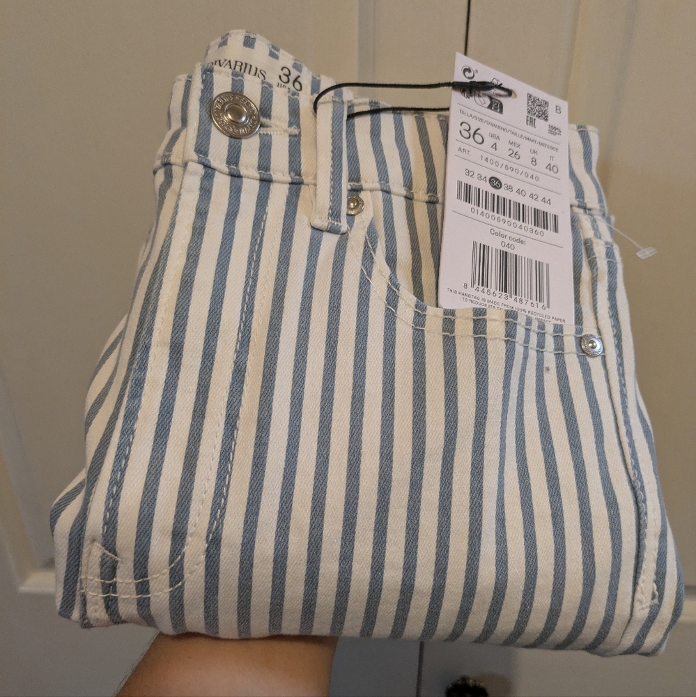 Stradivarius 1400 Mid Rise skinny jeans White Blue Stripes New! - Picture 2 of 13
